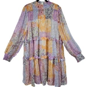 Fate Patchwork Floral Tiered Long Sleeve Dress NWT